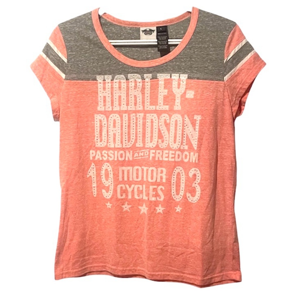 Harley-Davidson  Pink and Gray Graphic T-Shirt with Rhinestone LG